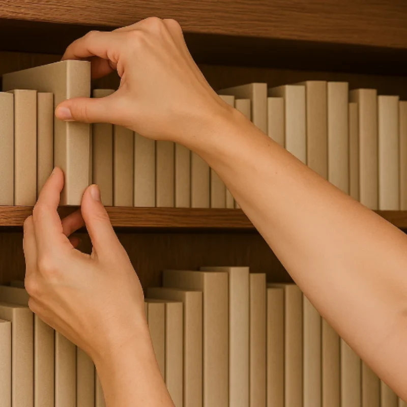 Two hands arranging uniformly covered beige books on a wooden bookshelf.