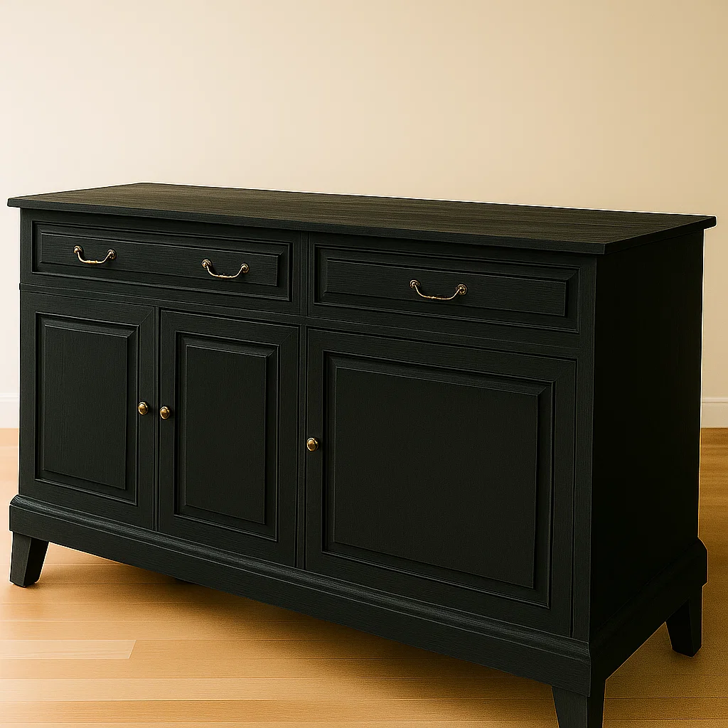 Black painted sideboard with brass handles and knobs reinstalled.