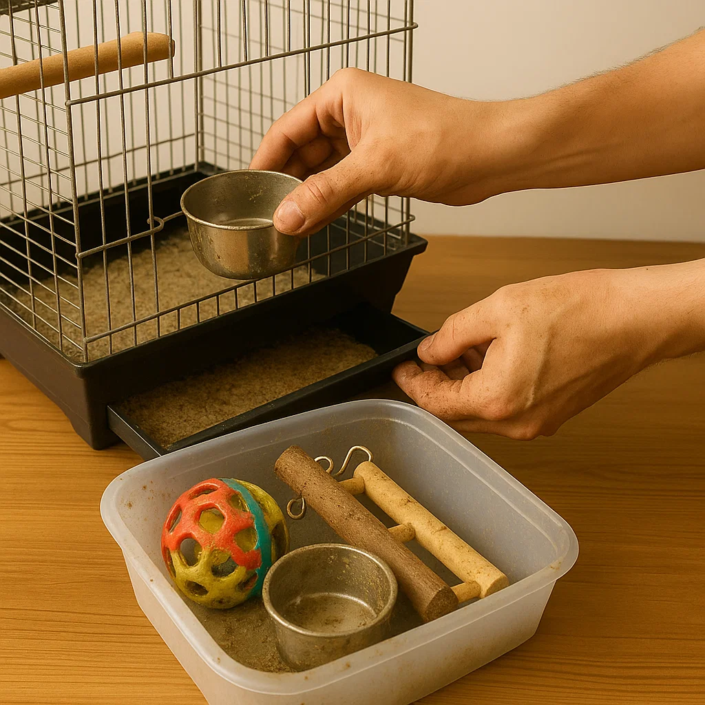Person removing bowl and accessories from bird cage.