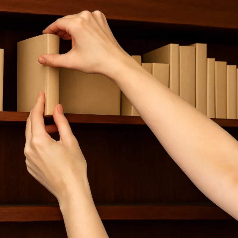 Hand removing a uniform beige book from a dark wooden, empty bookshelf.
