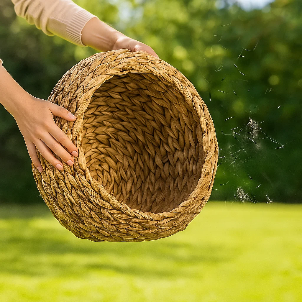 Shaking a wicker cat bed to remove hair and loose debris.