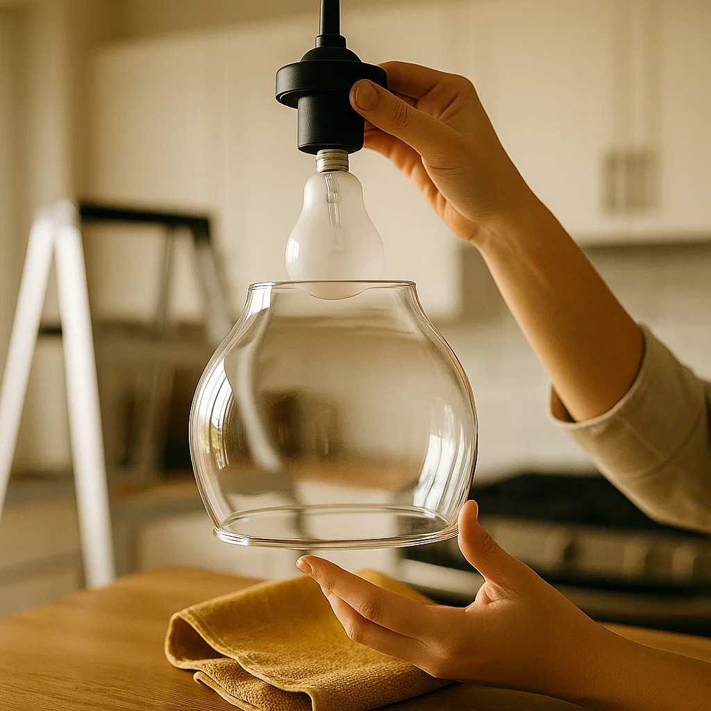 Hand removing glass shade from pendant light for cleaning.