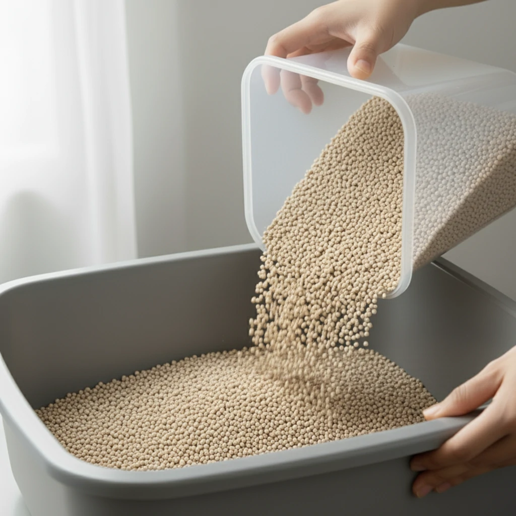 Refilling litter box with clean fresh litter.