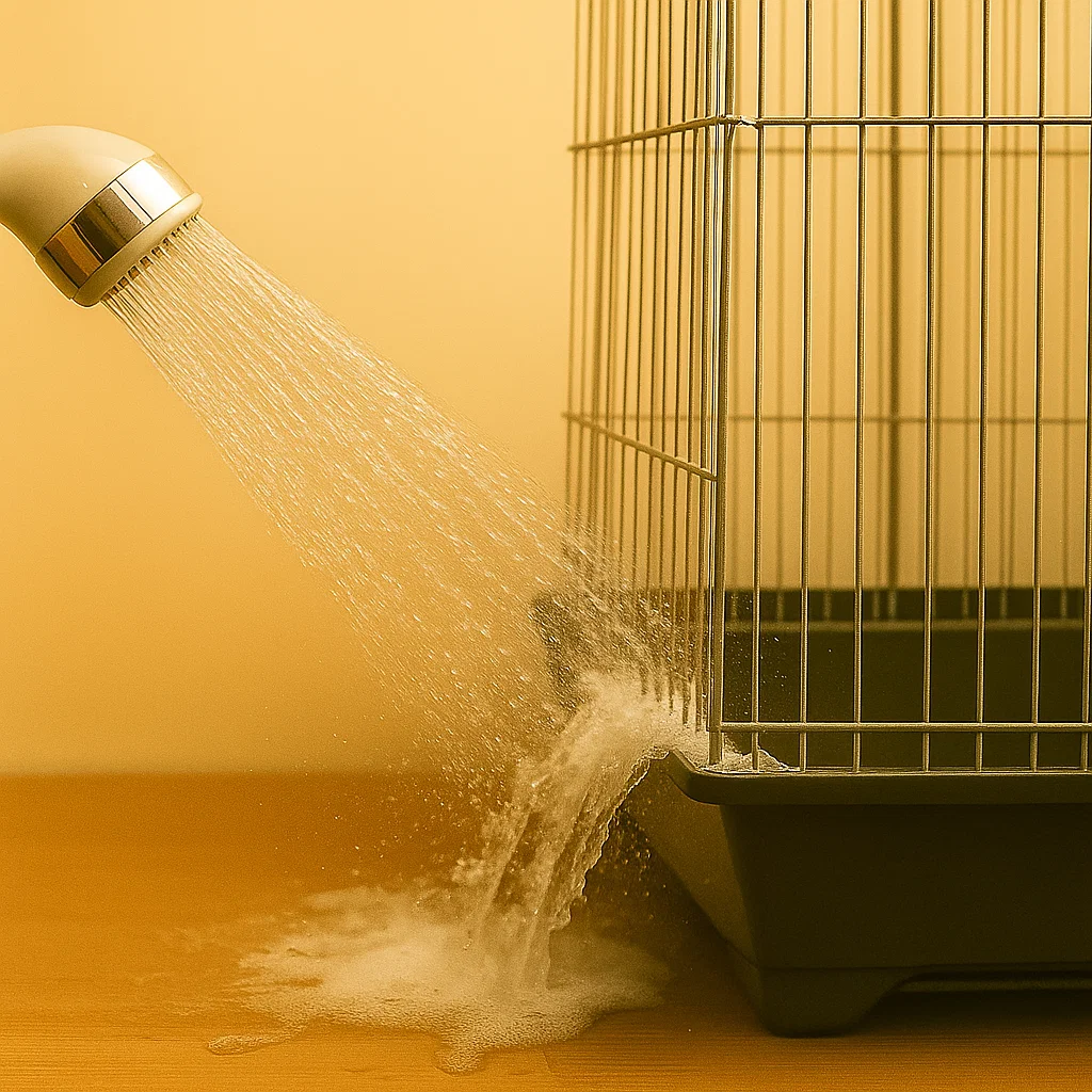 Shower water flowing over dirty bird cage tray.