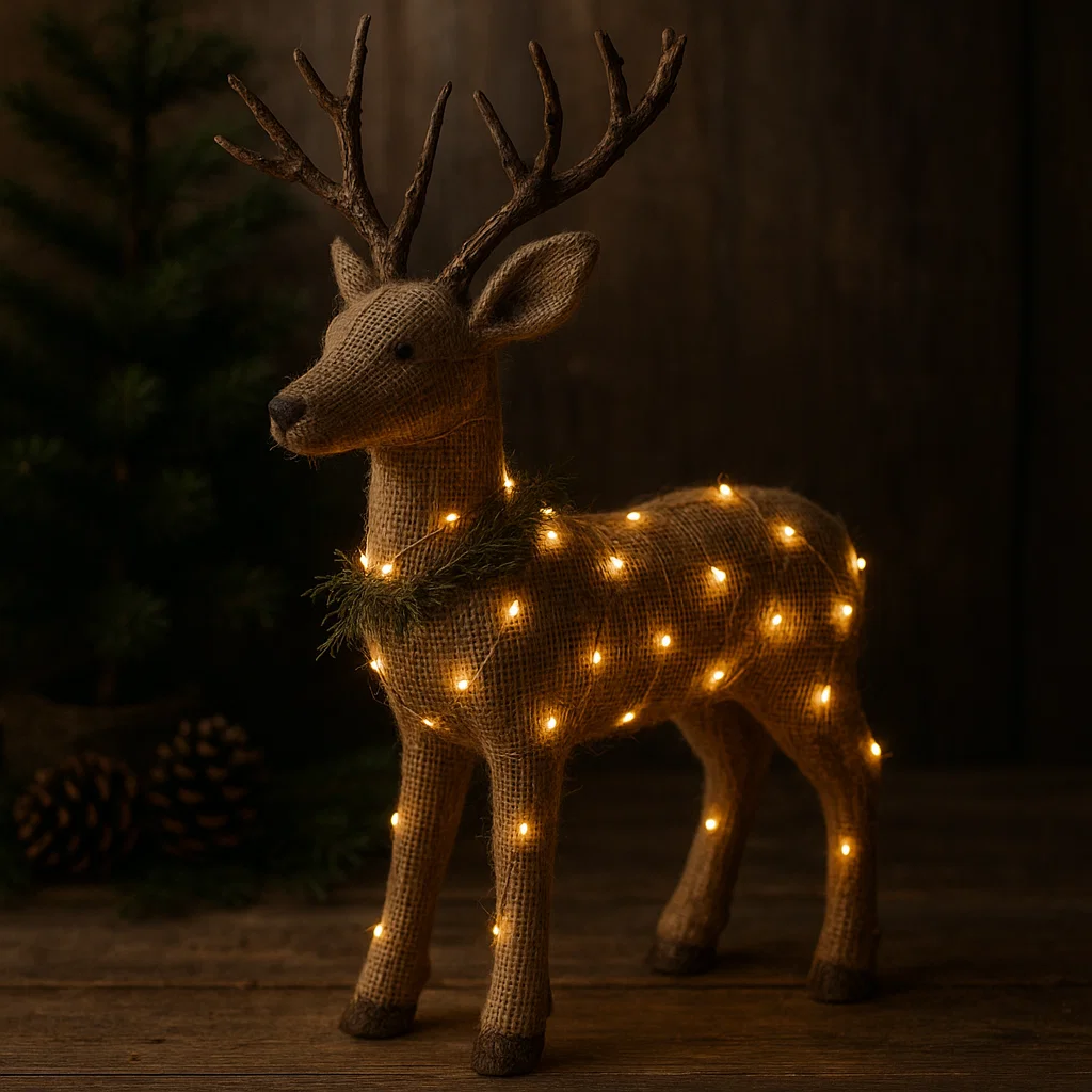 Burlap reindeer with string lights glowing warmly in dark rustic setting.