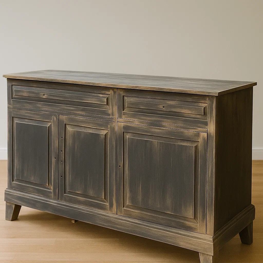 Distressed wooden sideboard sanded for refinishing in neutral room.