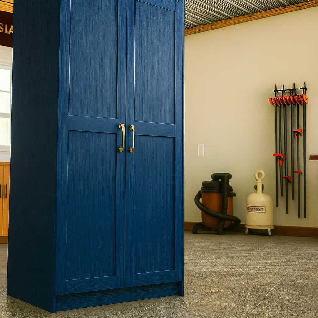 Newly built blue pantry cabinet standing in a workshop after sanding, priming, and final paint finish.