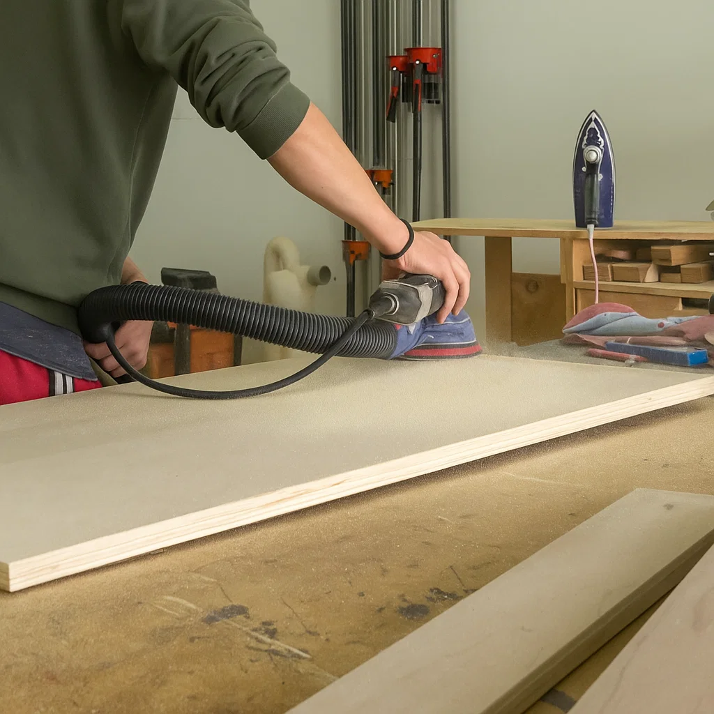 Close-up of person sanding plywood board edges with an electric sander to smooth wood before painting.