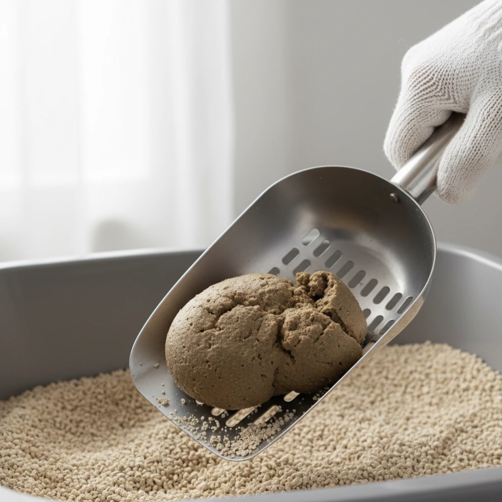 Scooping a clumped litter ball with metal scoop.