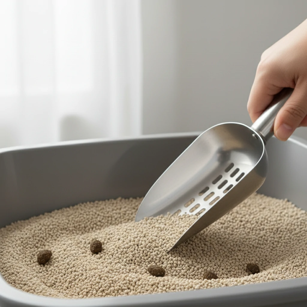 Scooping scattered waste from pellet litter box.