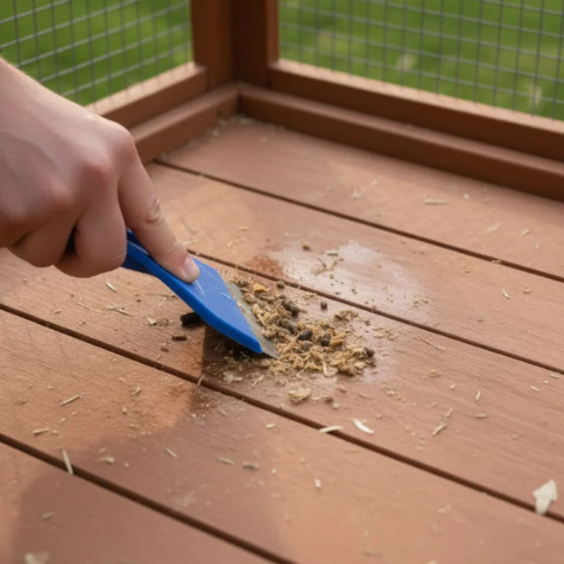 Hand using blue scraper to remove dried rabbit droppings from the wooden hutch floor.
