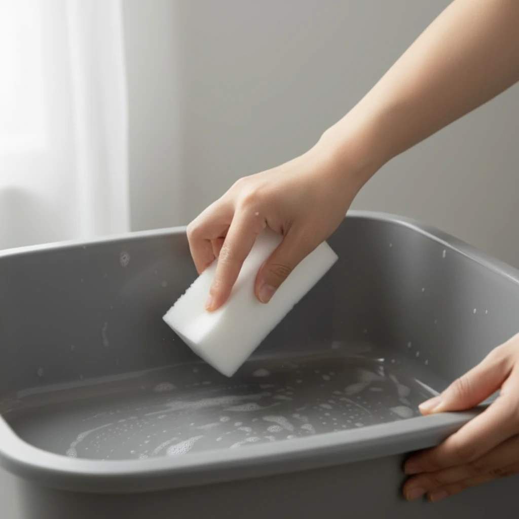 Scrubbing inside of litter box with sponge.