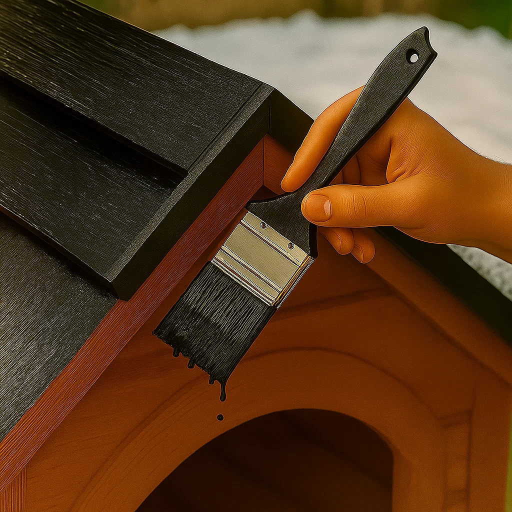 Hand painting black waterproof sealant along the roof edge of a wooden dog house.
