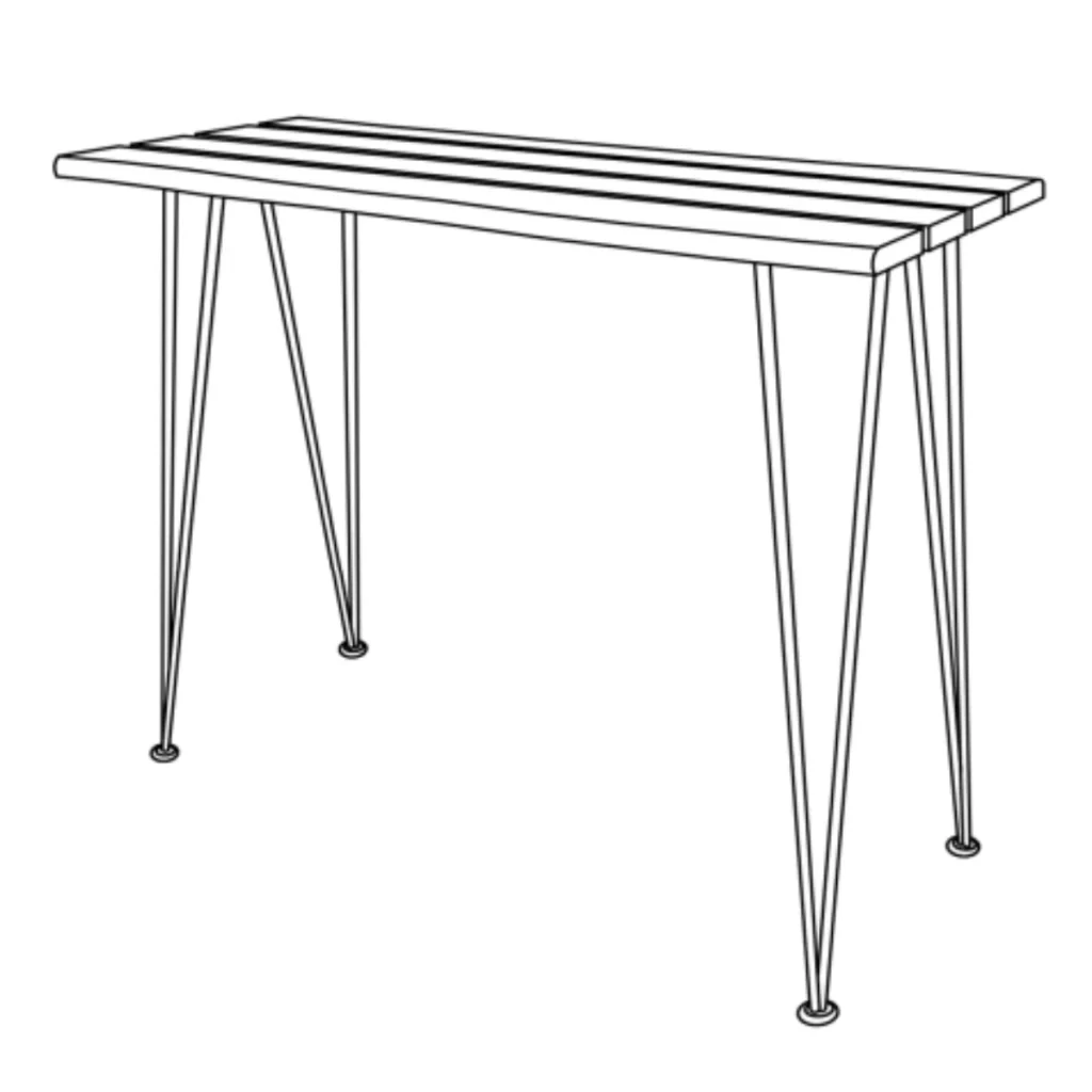 Completed assembly diagram showing attached metal legs to wooden tabletop.