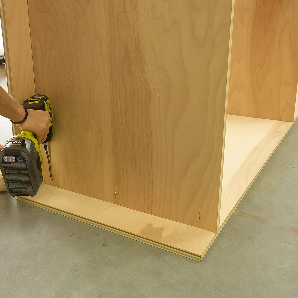 Worker attaching the top plywood panel to a tall wooden pantry cabinet using a cordless power drill.
