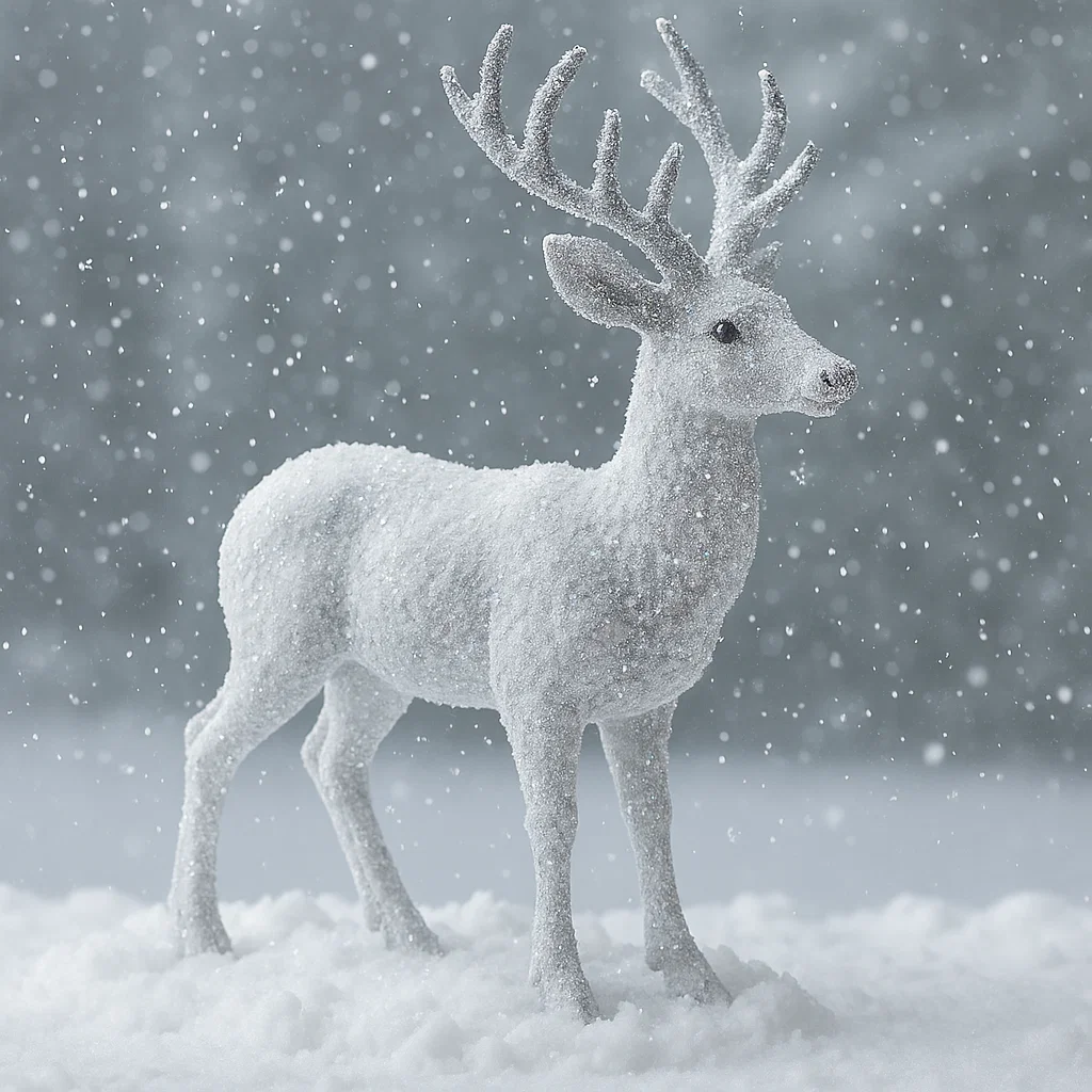 White reindeer sculpture covered in snow during winter snowfall.
