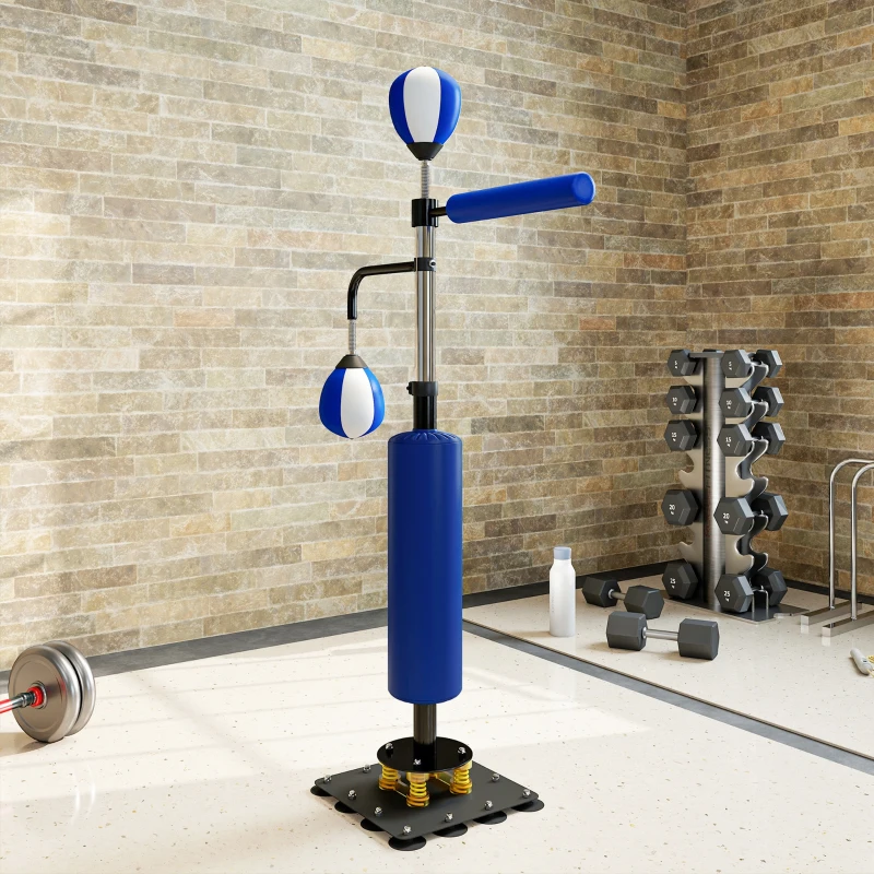 Blue boxing stand with dual speed bags in gym setting.