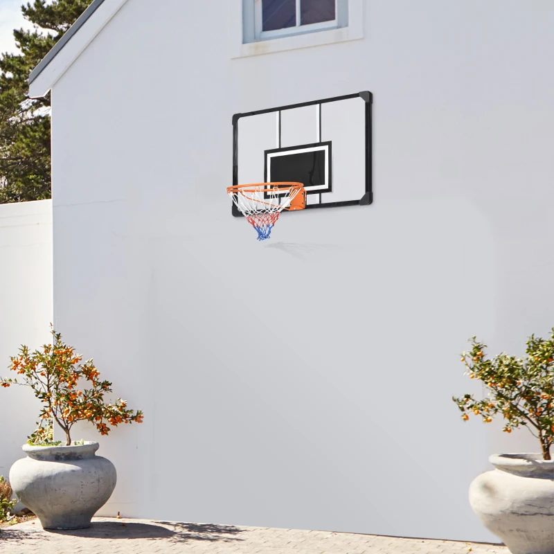 Outdoor wall basketball hoop with orange rim and black frame.