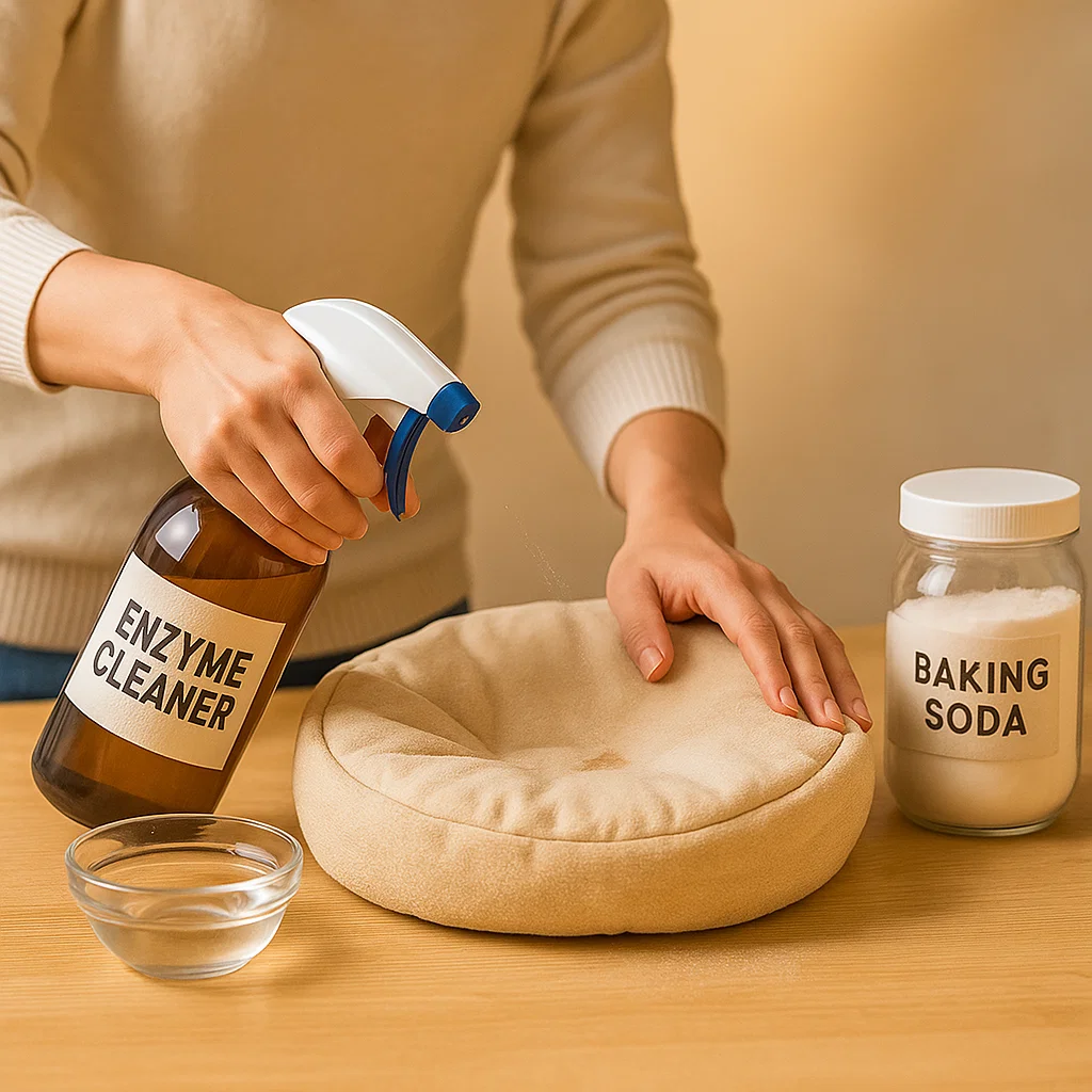 Using enzyme cleaner and baking soda to spot clean a pet bed.