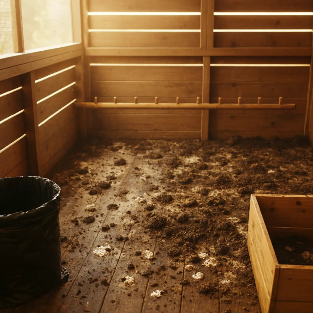 Dirty chicken coop interior with scattered droppings on the floor.