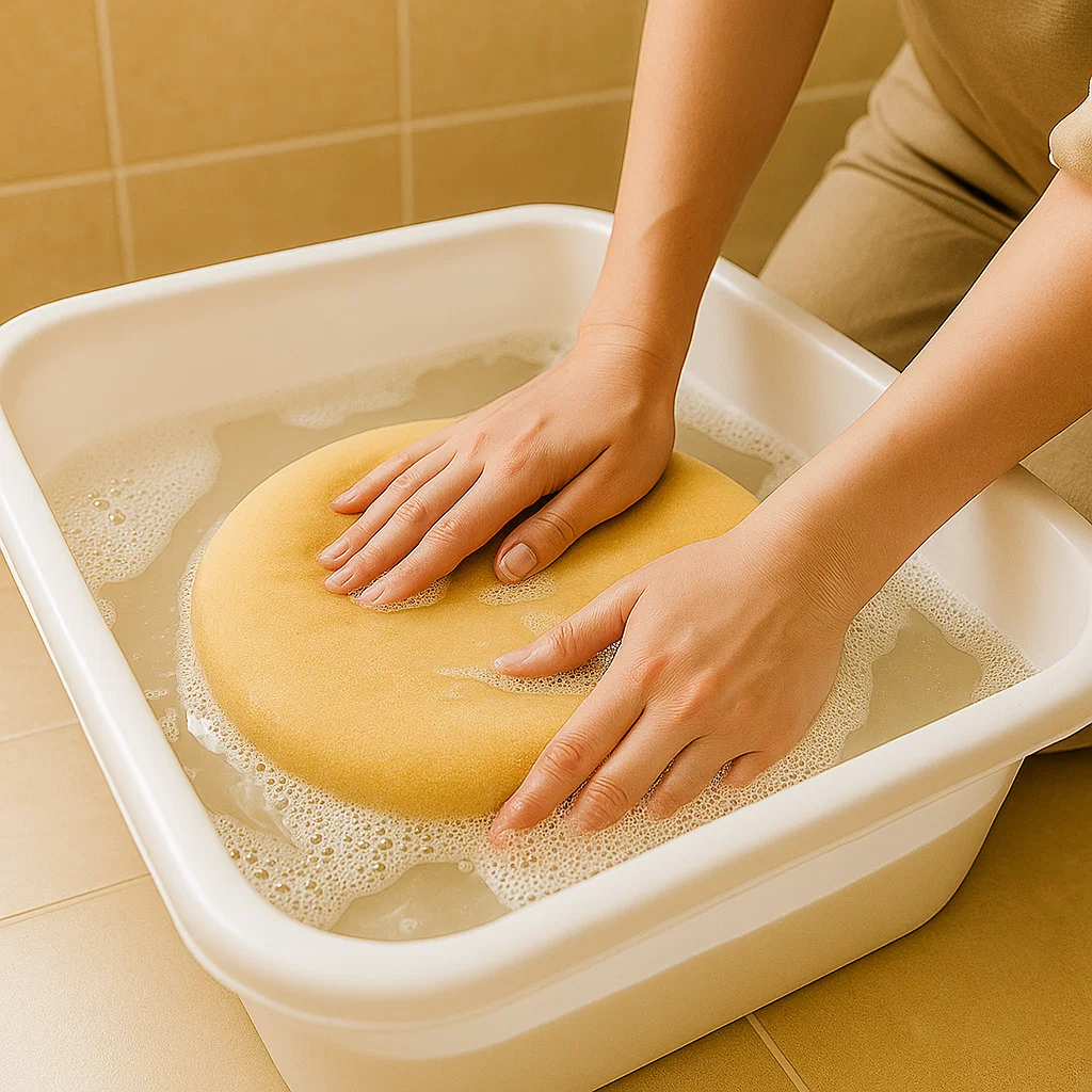 Hands submerging a round cat bed cushion in soapy water.