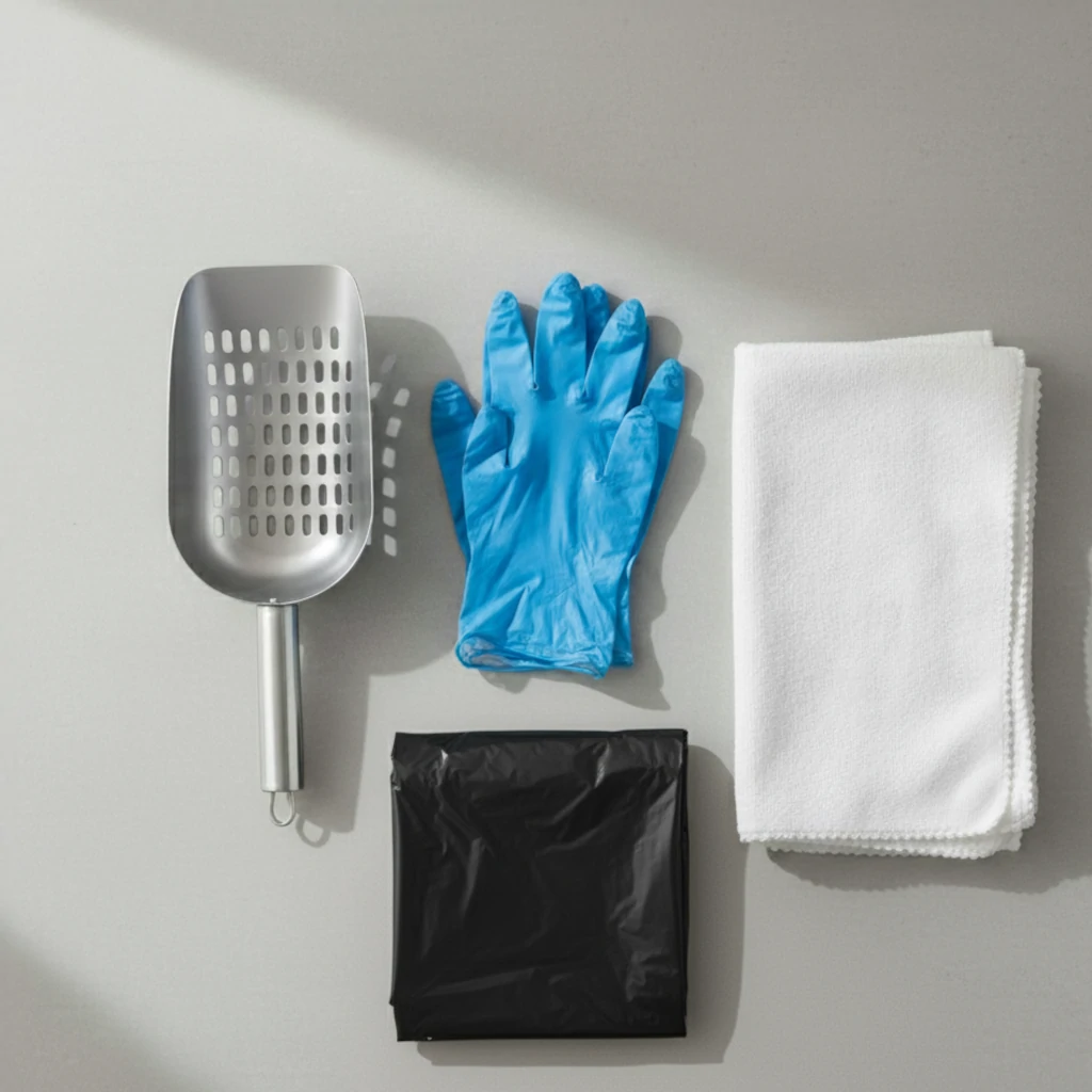 Scoop, gloves, cloth, and trash bag on surface.