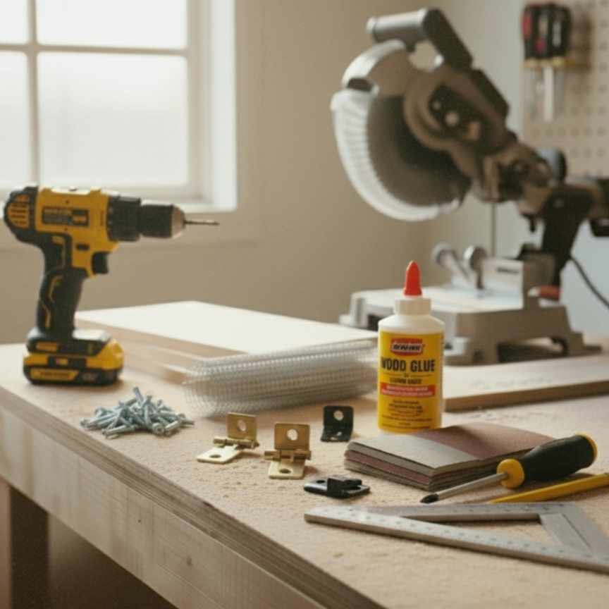 Woodworking tools and hardware arranged neatly on a workbench.