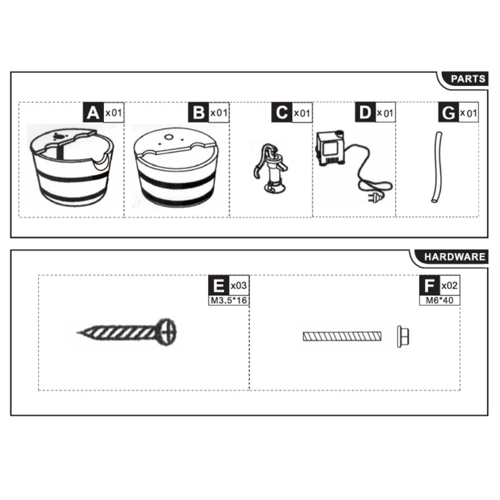 fountain parts laid out including two barrels, pump, tubing, pump head, and screws.