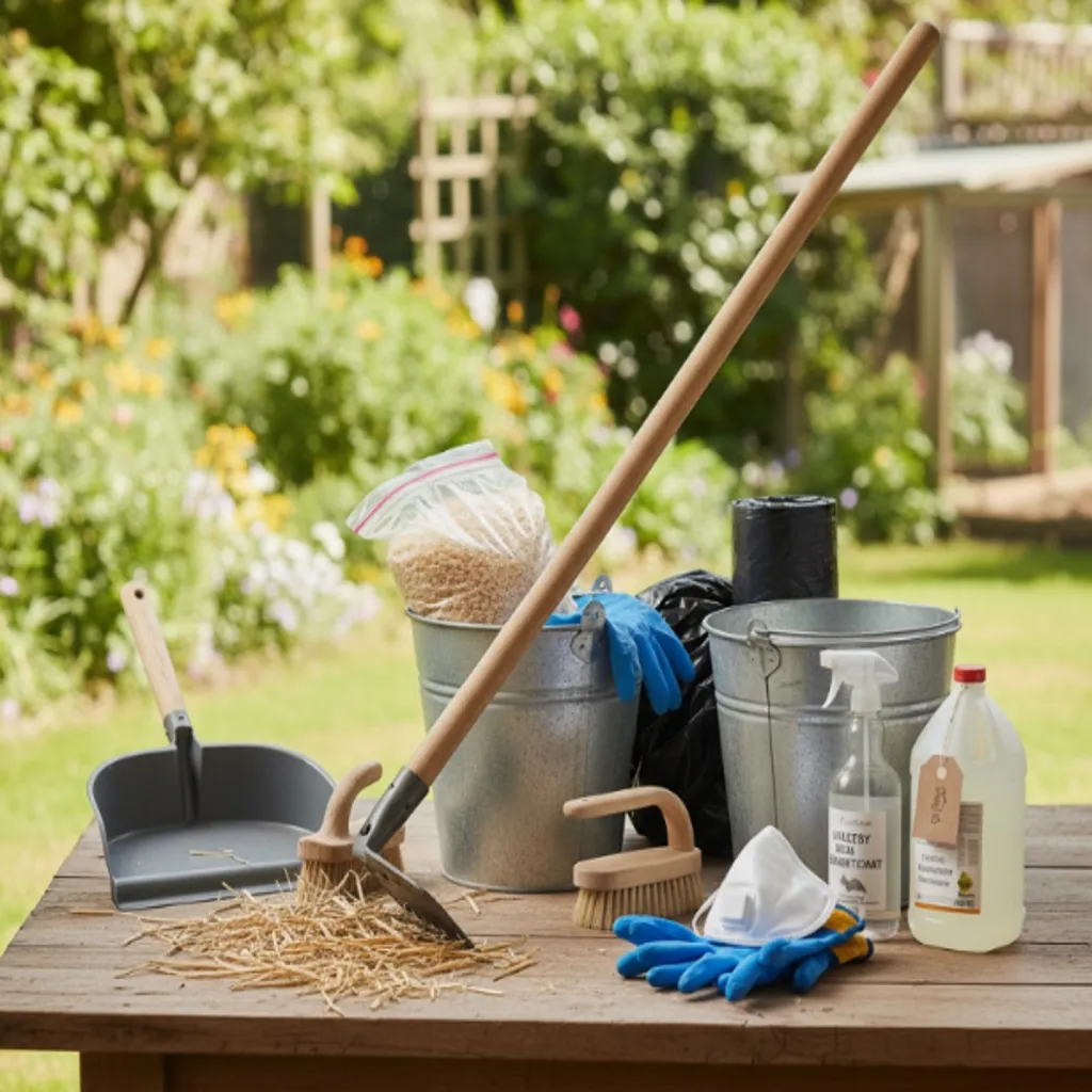 Coop cleaning tools, gloves, brush, buckets, and supplies arranged on a table.