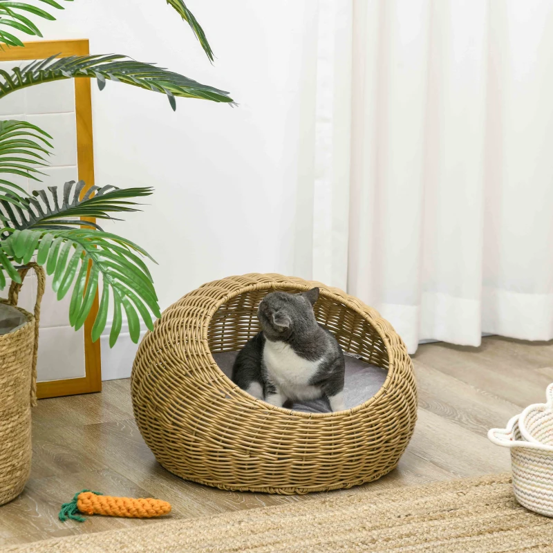 bunny sitting inside round wicker bed in bright room
