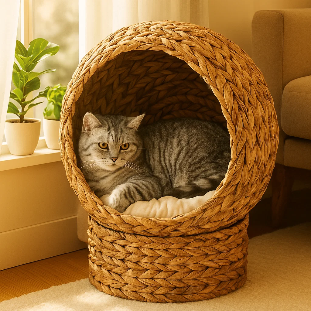 cat resting in woven basket bed near sunny window