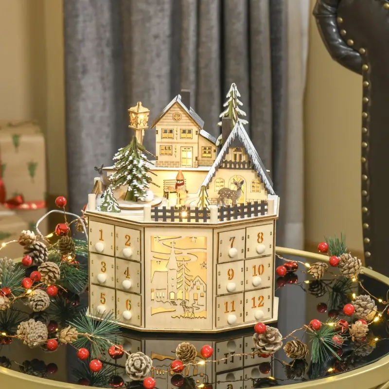 Wooden advent calendar with miniature snowy village scene and lights.