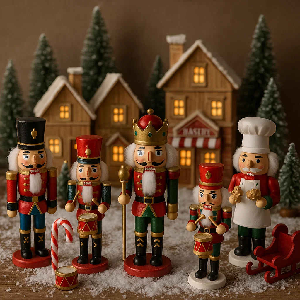 Small nutcracker figures in snowy miniature village with wooden houses.
