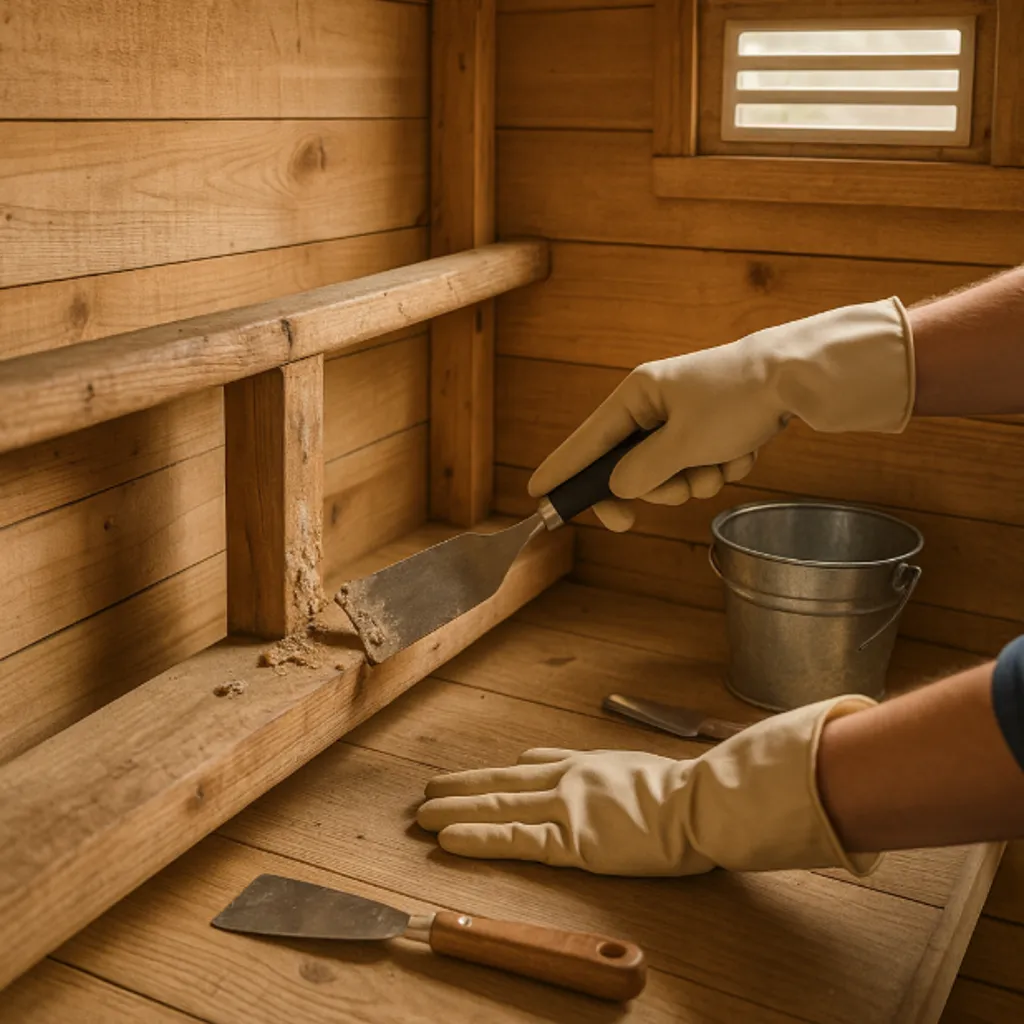 Scraping dried dirt from wooden coop perches while wearing gloves.