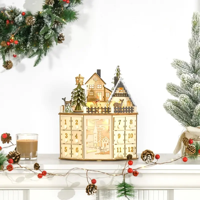 Wooden advent calendar with village scene and glowing lights.
