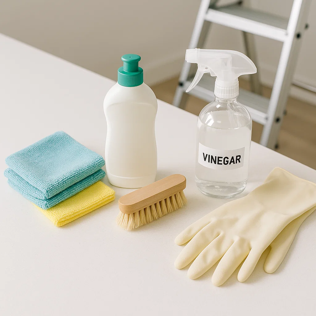 Vinegar spray, gloves, and cleaning cloths arranged for pendant light cleaning.