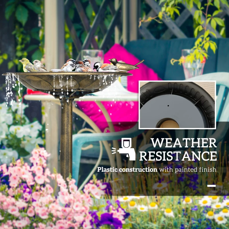 Weather-resistant antique bird bath with feeder and planter for outdoor use.