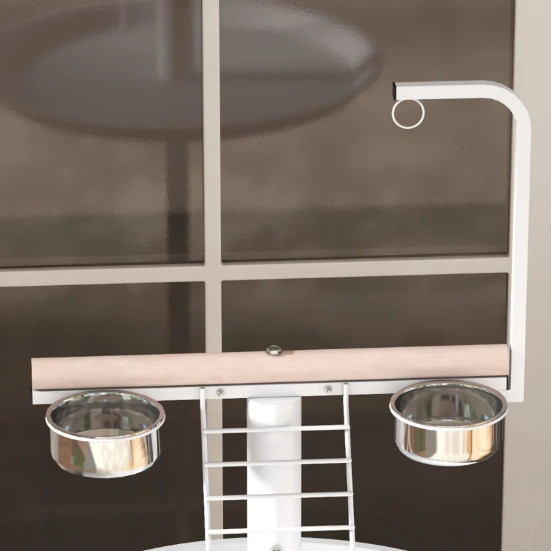 Unique bird stand with wheels, ladder, and bowls, ideal for versatile bird training.
