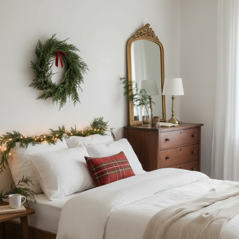 White bed with plaid pillow, garland on the headboard, large greenery wreath, and antique mirror.