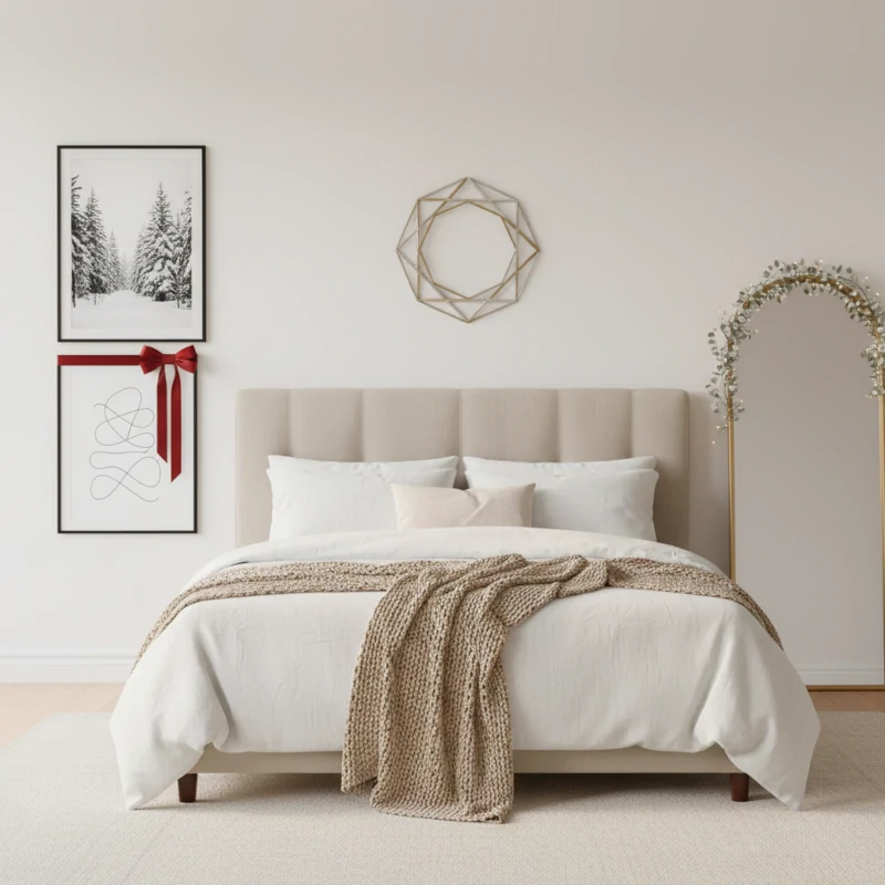 Neutral bedroom with geometric wreath, winter art prints with a red ribbon, and mirror garland.