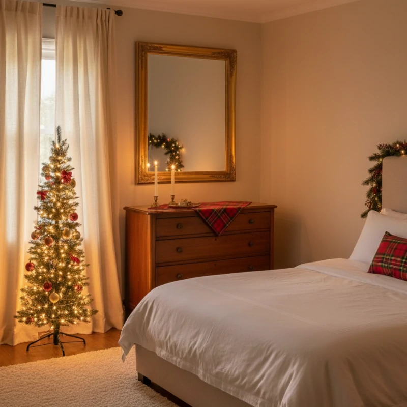 Bedroom corner with a slim Christmas tree, plaid pillow on the bed, and warm light.