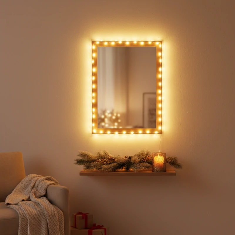 Warm string lights framing a wall mirror above a shelf decorated with greenery and a candle.
