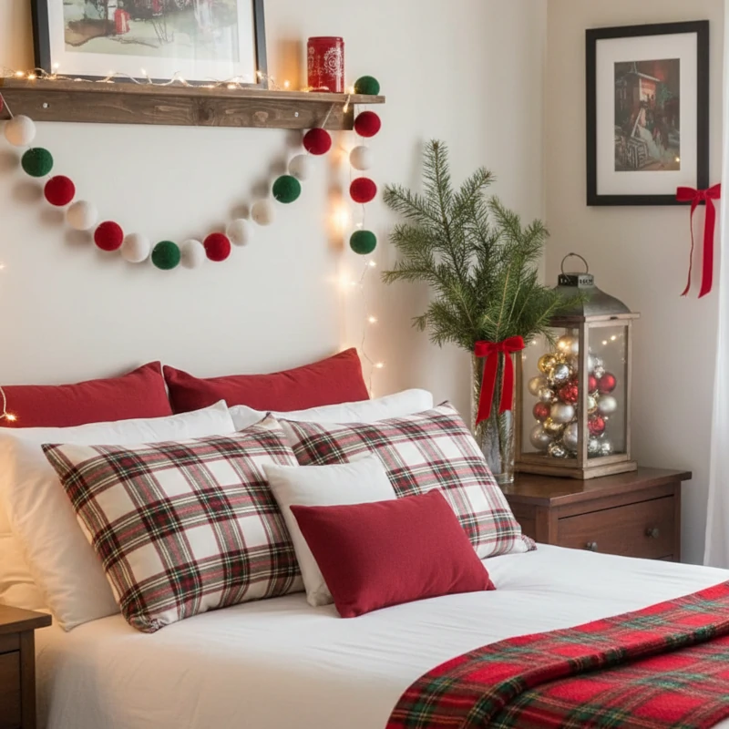 Bed with plaid pillows, pom-pom garland, vase with pine branches, and ornament-filled lantern.