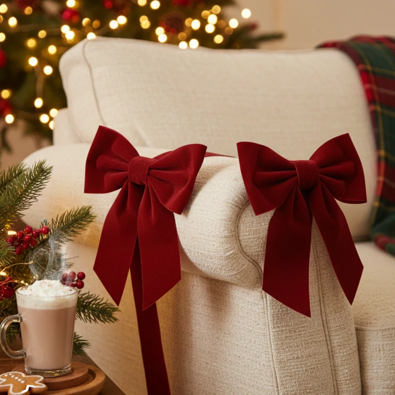 Red velvet Christmas bows attached to a cream sofa arm, with festive decor and warm holiday lighting.