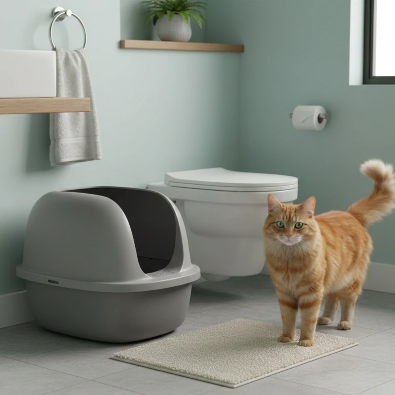 Orange cat standing on a mat beside a grey covered litter box near a toilet.
