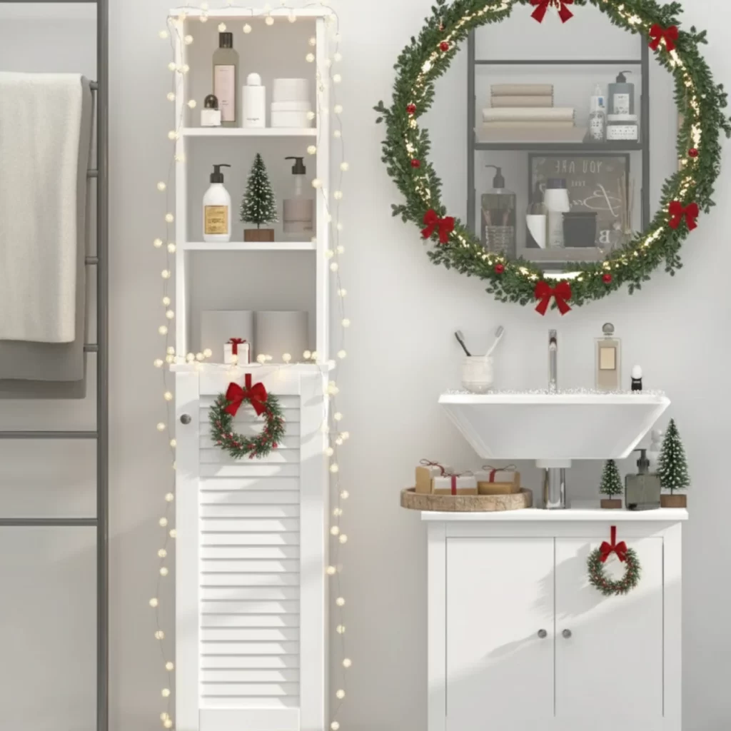 White bathroom decorated with wreaths, garlands, mini trees, and warm fairy lights.
