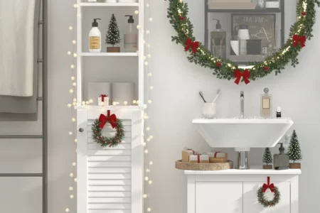 White bathroom decorated with wreaths, garlands, mini trees, and warm fairy lights.