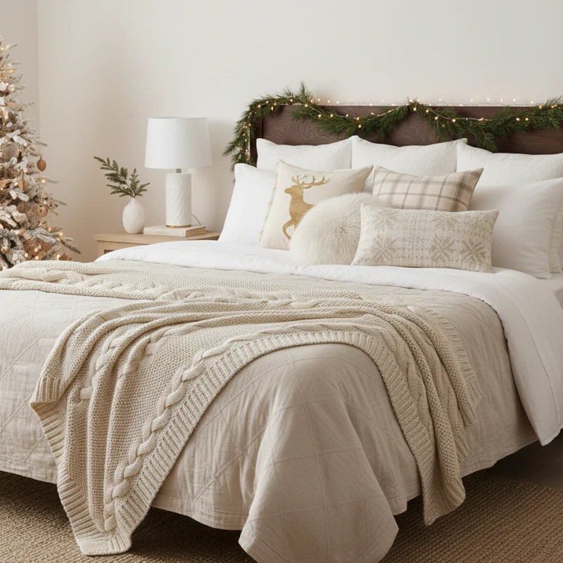 Neutral, cozy bed with cable knit throw, pillows featuring deer and snowflakes, and garland on headboard.