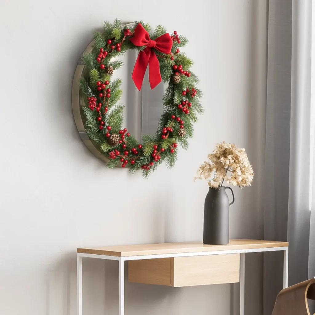 Round wall mirror decorated with a classic Christmas wreath featuring red berries, pinecones, and a red bow.