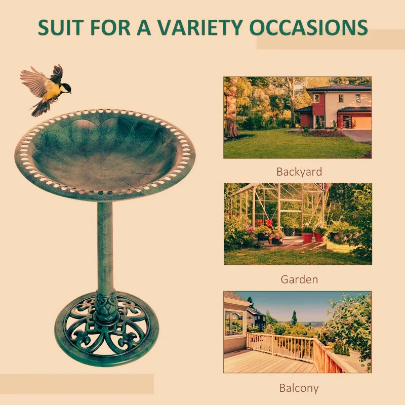 Bird bath with bird images beside backyard, garden, and balcony photos.